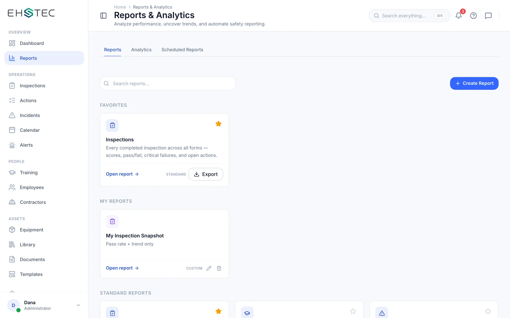 The EHSTEC reporting and analytics workspace with standard reports and export
